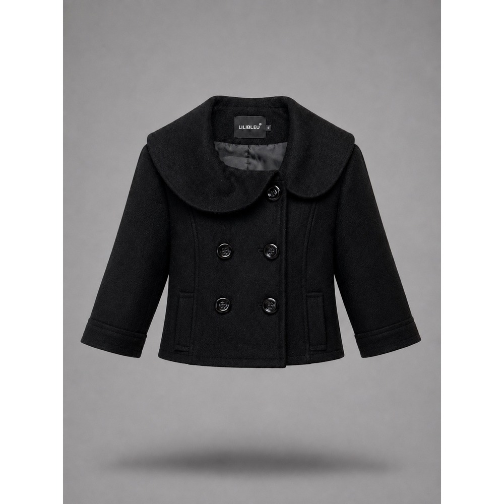 LILIBLEU Black Wool Blend Cropped Pea Coat Peter Pan Collar Double Breasted S